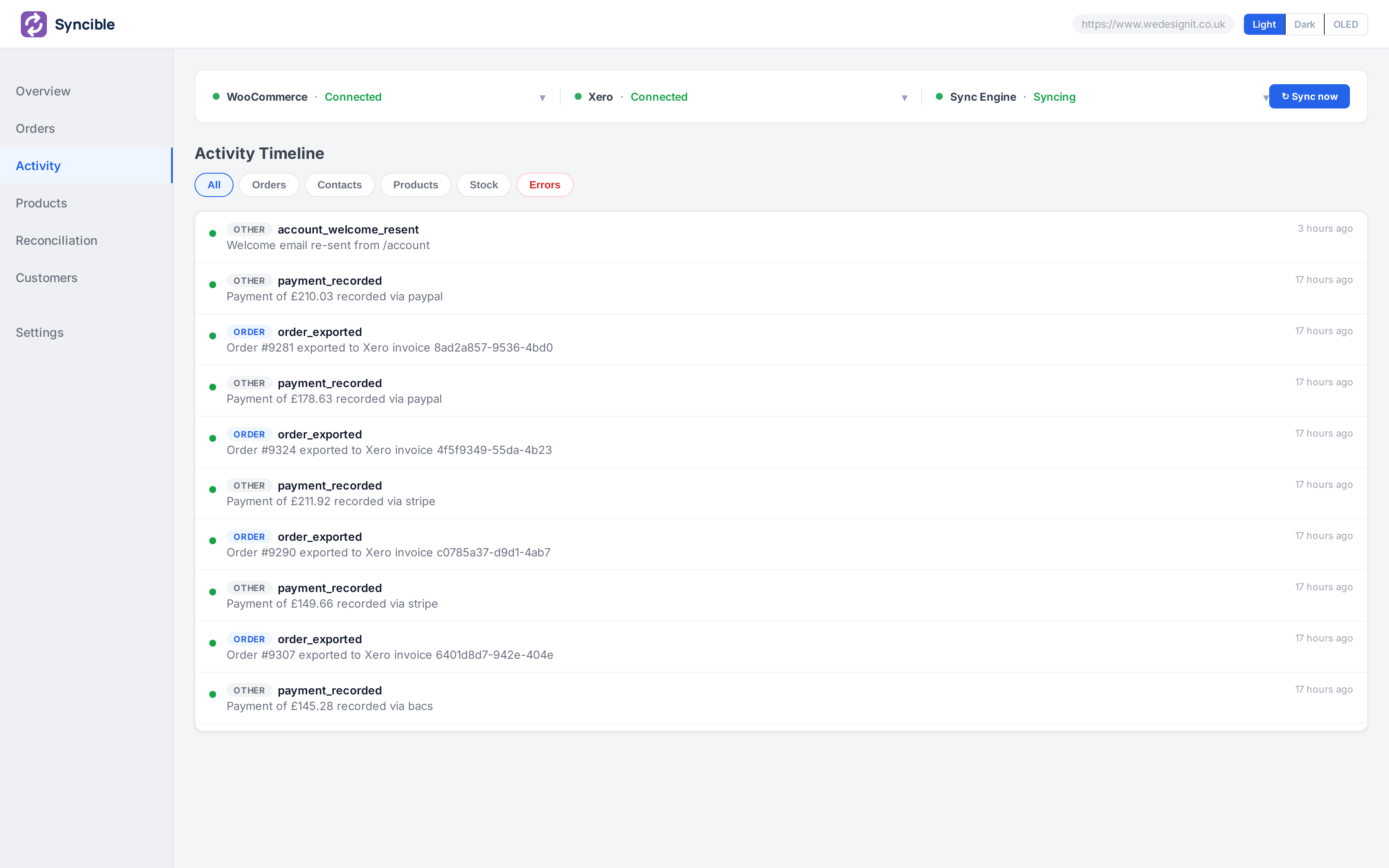 Syncible dashboard — Activity feed