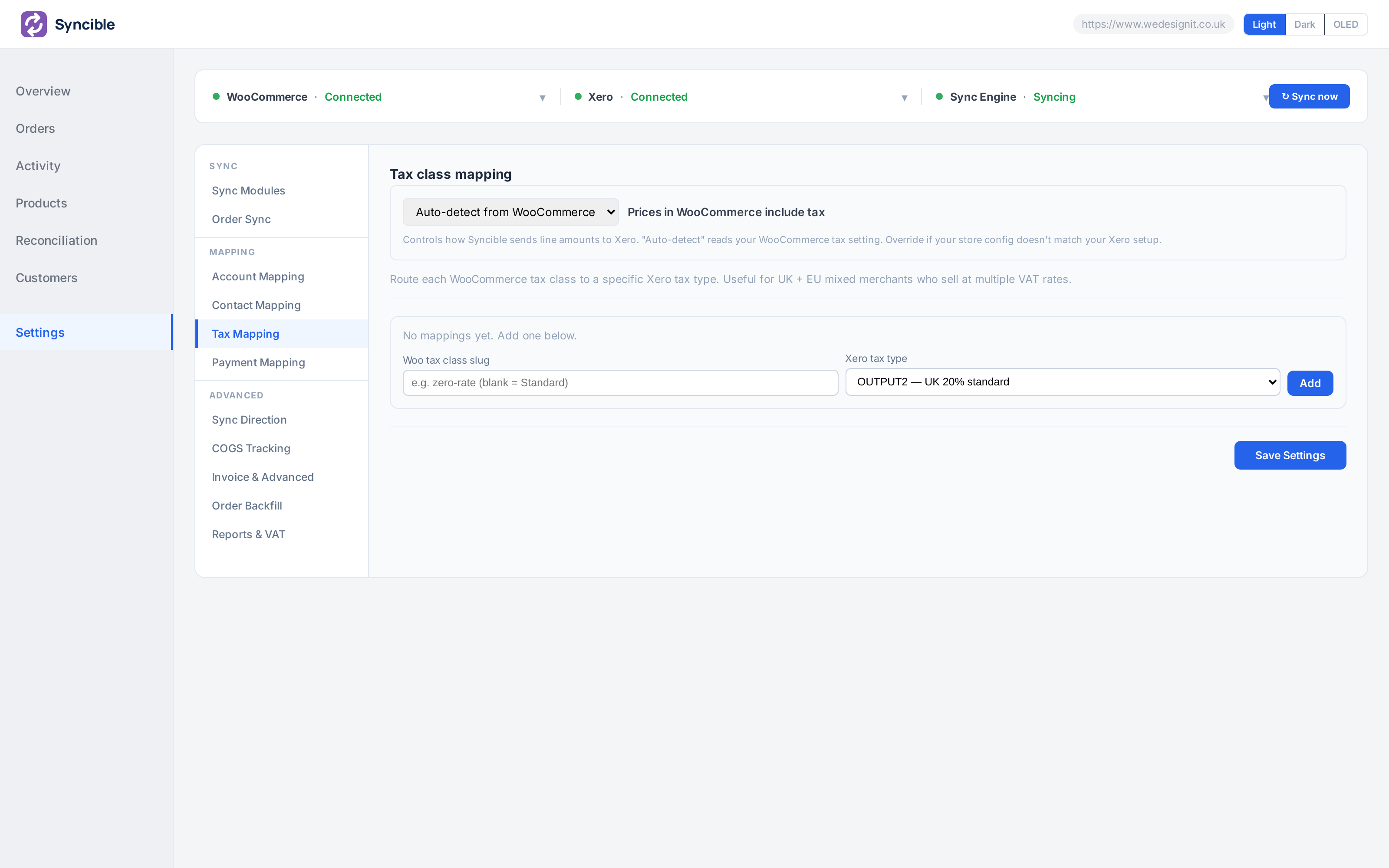 Syncible dashboard — Settings (Tax Mapping)